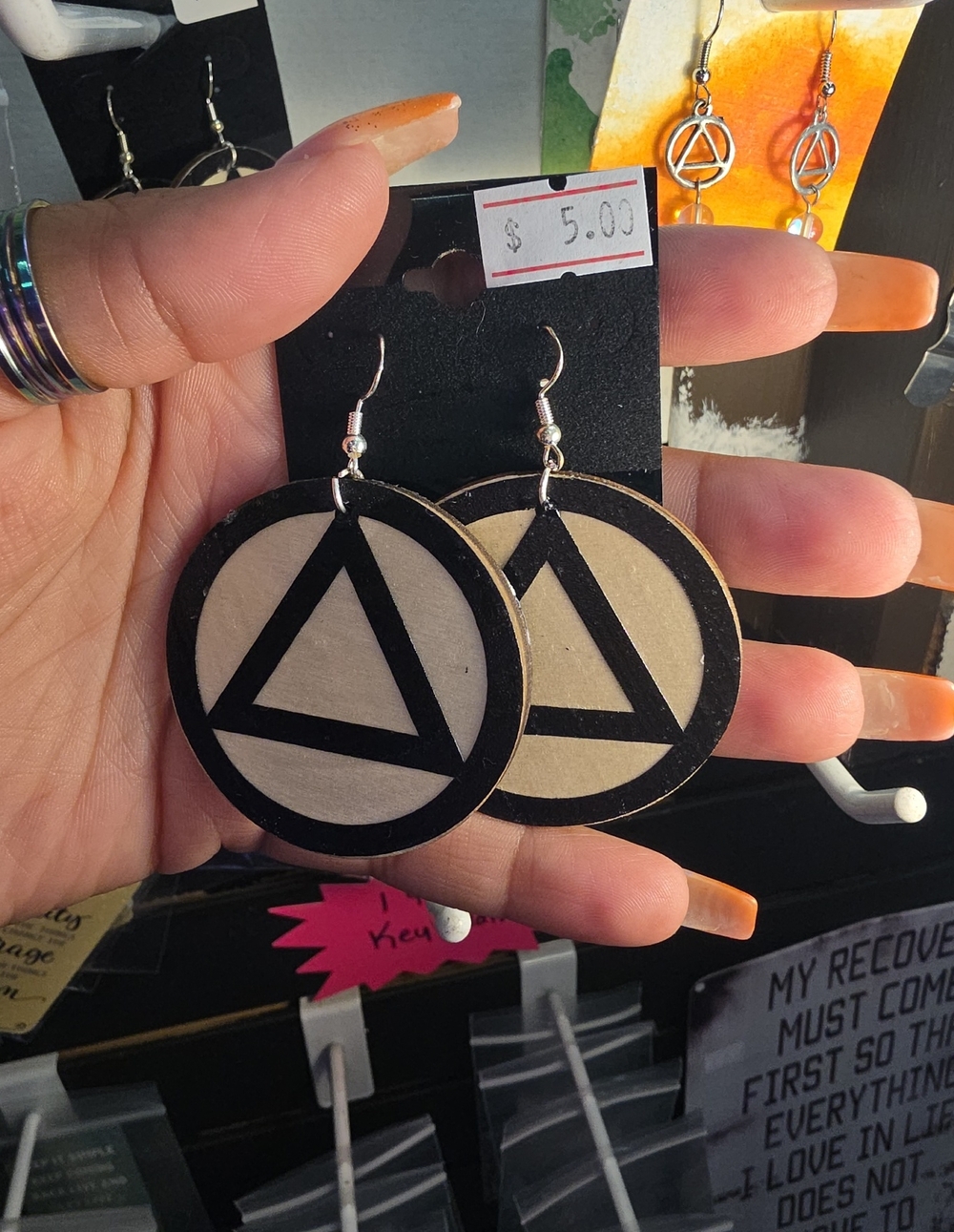 Black and Cream AA Recovery Triangle Circle Wood Earrings - Women Accessories